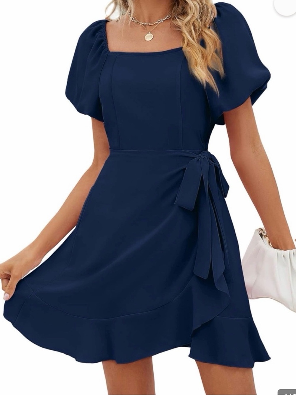 Square Neck Navy Mini Dress with Puff Sleeves and Wrap Tie